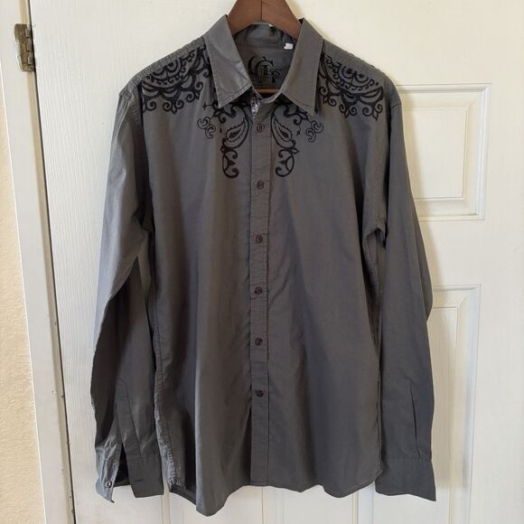 Guess Mens Y2K Grunge Button Shirt Grey XL Graphic Long Sleeve Cross Biker Angel - Picture 2 of 11